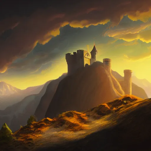 Image similar to a traveler on a mountain overlooking a castle in a valley, game art, digital painting, golden hour,