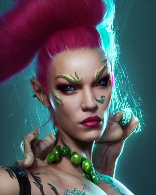 Prompt: portrait of poison from street fighter, au naturel, hyper detailed, digital art, trending in artstation, cinematic lighting, studio quality, smooth render, unreal engine 5 rendered, octane rendered, art style by klimt and nixeu and ian sprigger and wlop and krenz cushart.