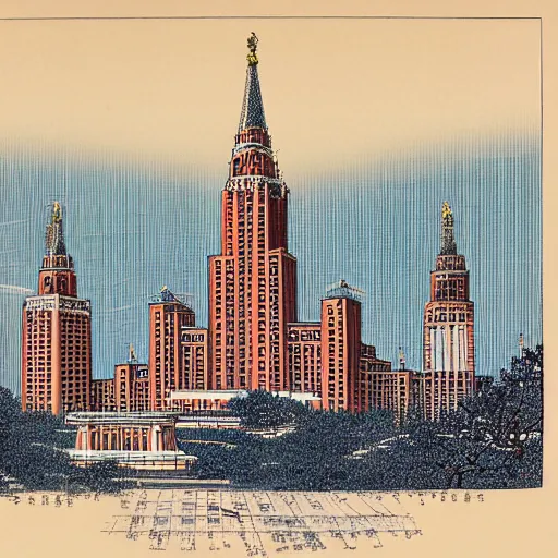 Image similar to moscow state university main building by katsushika hokusai