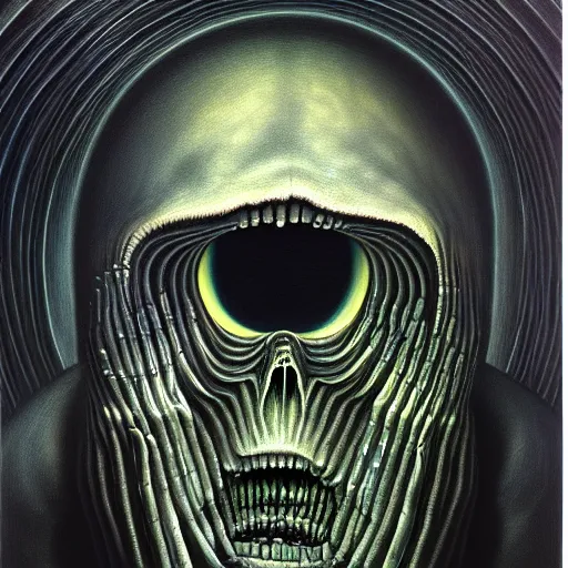 Image similar to peer into the depths of the endless cosmic void, shine a light on your darkest terror. hr giger, oil on canvas, photographic hyperrealism