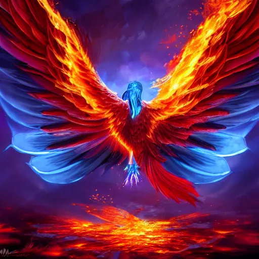 Prompt: fantasy phoenix with wing on fire, high detail, fantasy art, concept art, 4 k, ultra detail, computer art