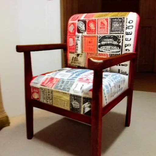 Prompt: Chair made out of stamps from the 20s