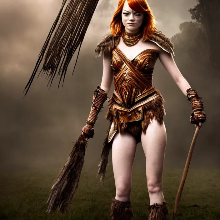 Image similar to professional full length photograph of emma stone as an amazon warrior. Extremely detailed. 8k