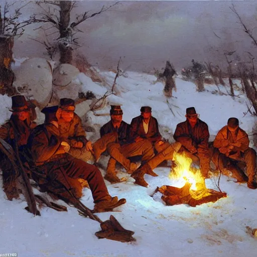 Prompt: civil war soldiers hunkering down in a trench in the snow, huddled around a small campfire for warmth at dusk. warm colors, hard angles, painting by gaston bussiere, craig mullins, j. c. leyendecker