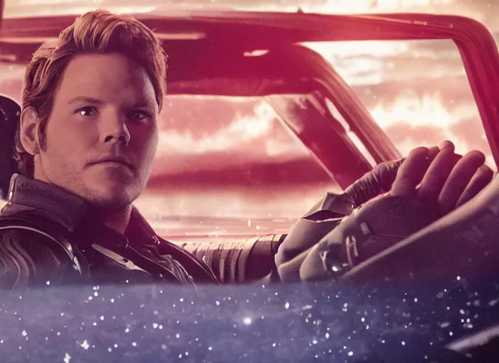 Image similar to a very high resolution image from a new movie, starlord. inside of a car. mountains, falling stars, directed by wes anderson