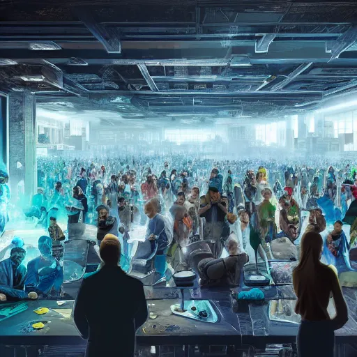 Image similar to large group people in a huge warehouse, gathered around a hologram of futuristic city on a table | cinematic concept art | godrays | 4 k | clear details | tabletop | tabletop