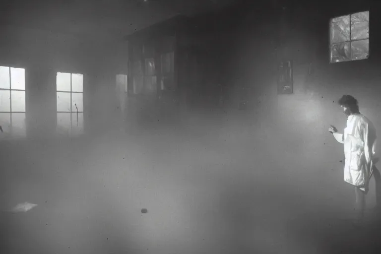 Image similar to experiment, laboratory, 1985, creepy, haunted, fog, atmospheric