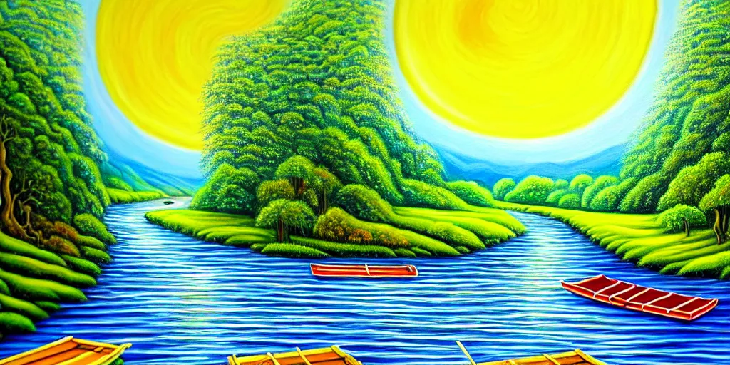 Prompt: A very detailed painting in the style of featuring a river in Europe surrounded by trees and fields. A rubber dinghy is slowly moving through the water. Sun is shining. Psychodelic painting