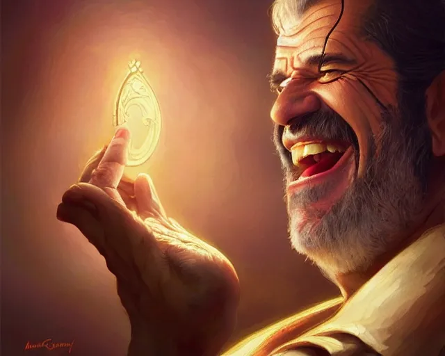 Image similar to mel gibson laughing out loudy, photography of kurzgesagt, deep focus, d & d, fantasy, intricate, elegant, highly detailed, digital painting, artstation, concept art, matte, sharp focus, illustration, hearthstone, art by artgerm and greg rutkowski and alphonse mucha