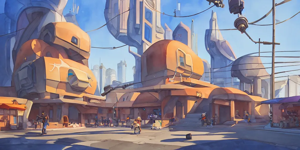 Image similar to overwatch building, stylized, exterior, architecture, in watercolor gouache detailed paintings, insanely detail, artstation, 8 k, futuristic, big medium small, arcane, simon stalenhag, food stall, interesting shapes & form, golden ratio, megastructures, vitaly bulgarov, mall, elites, clean