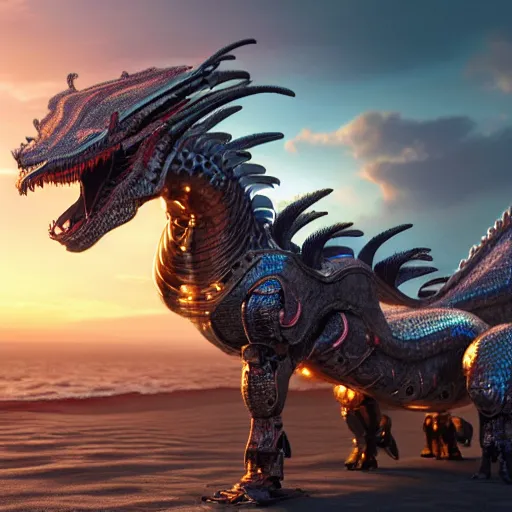 Image similar to a highly detailed close up of a beautiful majestic anthropomorphic robot female dragon, with smooth and streamlined mechanical armor, standing and posing elegantly on a beach, well detailed head with LED eyes, with sharp claws on her hands and feet, two arms, two legs, long tail, artstation, DeviantArt, professional, octane render, sunset lighting