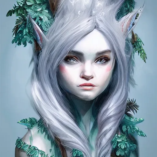 Prompt: a highly detailed portrait of a cute fantasy creature with white hair in a fantasy forest concept art