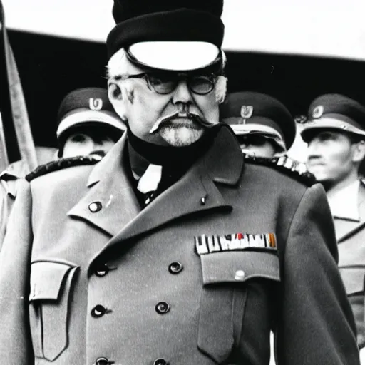 Image similar to colonel saunders as dictator, vintage photograph, old, monochrome, slightly blurry, vintage effect, grain effect