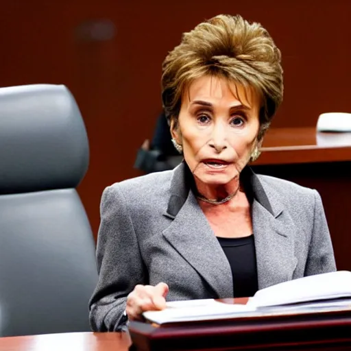 Prompt: judge judy takes huge hit from ornate bong. court room sketch