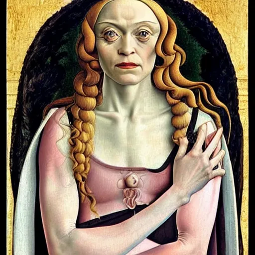 Image similar to madonna as gollum, elegant portrait by sandro botticelli, detailed, symmetrical, intricate