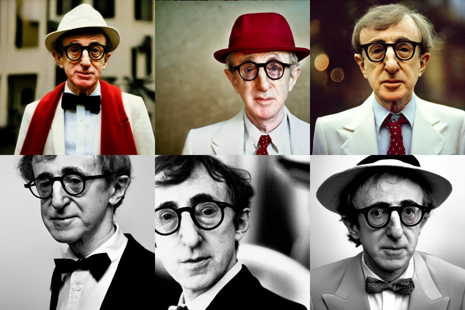 Prompt: close-up photo of Woody Allen in a white suit with a red fez, circa 1977