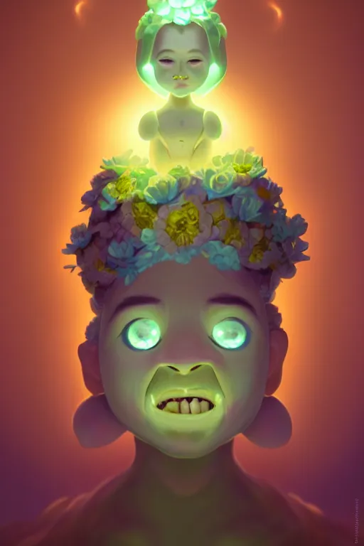 Prompt: super cute Bioluminescent Flower deity character concept, single head, no double head, soft light, soft mood, realistic body features and face, illustration, painting oil on canvas by Elena Zhurikhina and Goro Fujita and Charlie Bowater, octane render trending on artstation, 4k, 8k, HD