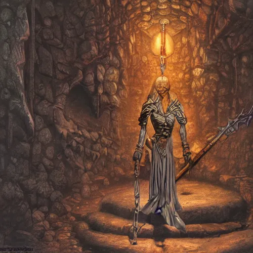 Prompt: digital painting of a powerful wizard in a dungeon by Gerald Brom, hyperdetailed, trending on Artstation