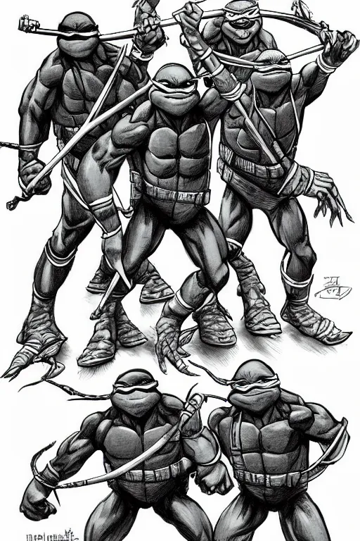 Image similar to jodeci as the teenage mutant ninja turtles, full body, pen an ink, comic books style, very detailed, by eric talbot, artstation, pinterest