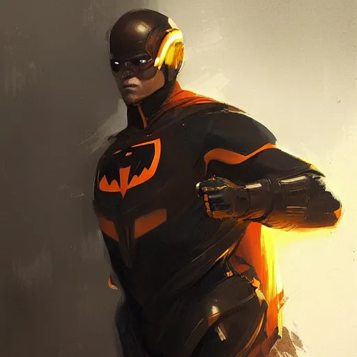 Image similar to portrait of a superhero by greg rutkowski, he looks like joseph quinn, he is wearing a black, orange and yellow kevlar gear, highly detailed portrait, digital painting, artstation, concept art, smooth, sharp foccus ilustration, artstation hq