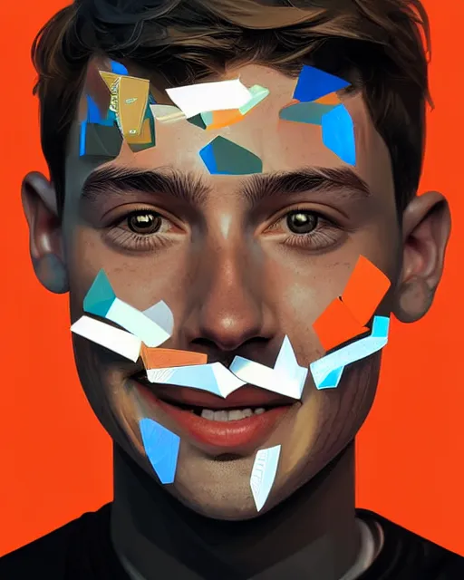 Image similar to digital art of smiling boy, shards of time, face portrait, centered portrait, illustration, highly detailed, simple, no jagged lines, smooth, artstation, artwork by obey, artwork by sandra chevrier