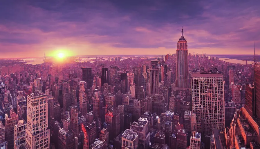 Image similar to Wide angle of Neo-Gothic New-York at sunset, volumetric light, hyperdetailed, artstation, cgsociety, 8k