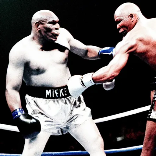 Prompt: a skeleton fighting mike tyson in a boxing match