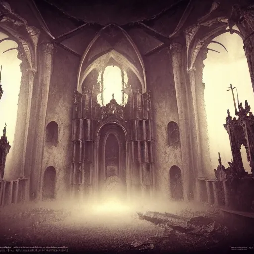 Image similar to gothic georgian temple manor, baroque in the style of h. r. giger and zdzisław beksinski, demons, decaying, fog mist, 8 k, artstation, unreal engine, octane render, hdr, sci - fi, surrealistic digital art, dystopian, hyperrealism, glow, concept art, grand scale, photorealistic rendered in octane