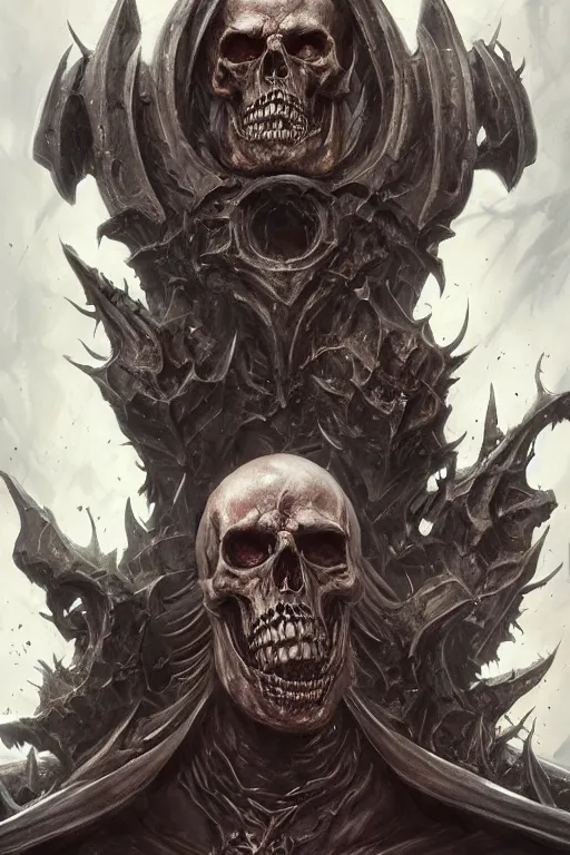 Image similar to death lord stand on skulls, highly detailed, d & d, fantasy, highly detailed, digital painting, trending on artstation, concept art, sharp focus, illustration, global illumination, ray tracing, realistic shaded, art by artgerm and greg rutkowski and fuji choko and viktoria gavrilenko and hoang lap,