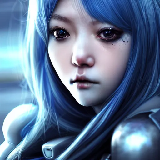 Image similar to An hyperrealistic portrait painting of a cyber warrrior girl, no face mask, blue and ice silver color armor, ultradetailed face expression by WLOP and Nixeu, cyberpunk color feel raining at tokyo midnight rooftop, unreal 5, DAZ, 8k, hyperrealistic, octane render, cosplay, RPG portrait, final fantasy artwork concept, dramatic lighting, rim lights, PS5 render quality