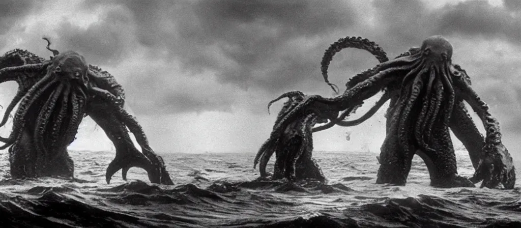 Image similar to A Still of one giant Cthulhu emerged from the ocean, water dripping off him, Cthulhu is gigantic, a tiny boat in the water beneath Cthulhu, you can see this from the beach looking out into a dark a storming ocean, Move shot film, gloomy very misty, Cthulhu is going towards a city, you can see a city next to a beach