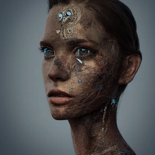 Image similar to woman made of organic matter, character design, full body, octane render, volumetric lighting, cinematic, detailed, ornate, intricate detail