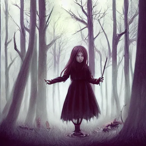 Image similar to “evil child girl making a ritual in a magical forest by leesha hannigan, artwork”