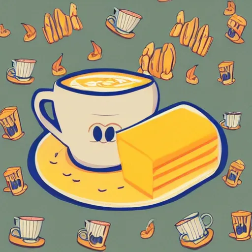 Image similar to a hand drawn disney illustration of a living box of mac and cheese holding a cup of coffee