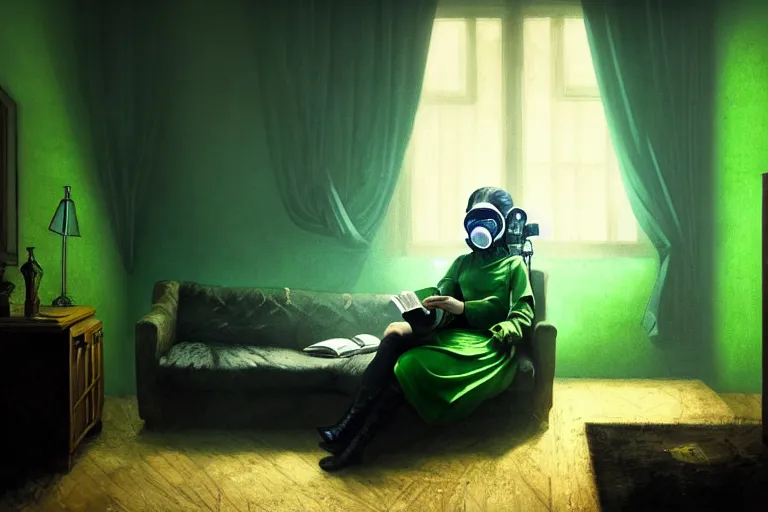 Image similar to girl with wearing a gas mask lying on the sofa reading a book in her room, in the style of dariusz zawadzki, solarpunk, atmospheric, clean, intricate and epic composition, green by caravaggio, insanely quality, highly detailed, masterpiece, blue light, artstation, 4 k