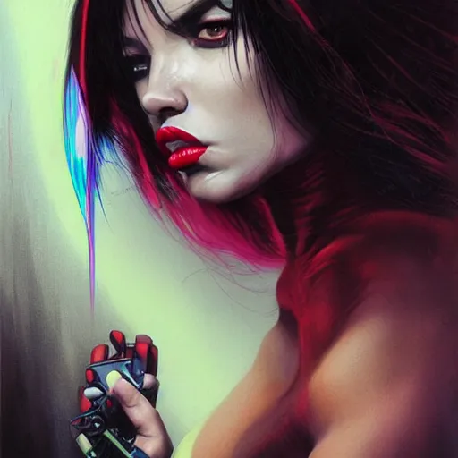 Image similar to dream portrait of Vampirella, cameras, melting ,8k,by tristan eaton,Stanley Artgermm,Tom Bagshaw,Greg Rutkowski,Carne Griffiths, Ayami Kojima, Beksinski, Giger,trending on DeviantArt,face enhance,hyper detailed,minimalist,cybernetic, android, blade runner,full of colour 8-W 1024