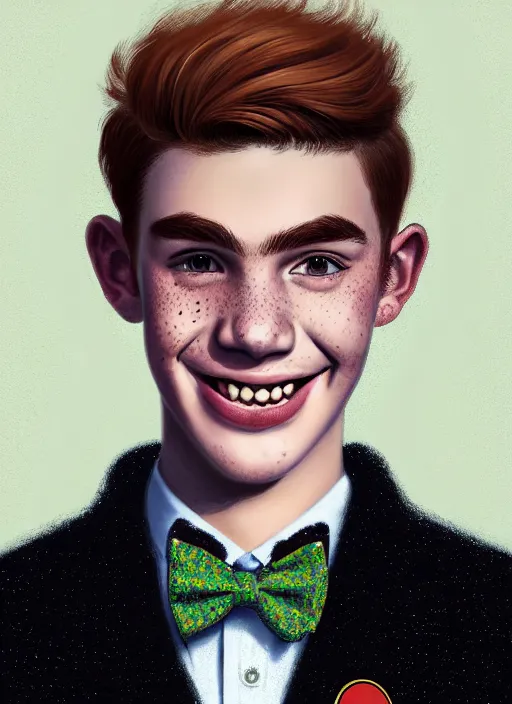 Image similar to portrait of teenage archie andrews, freckles, curly middle part haircut, curly hair, middle part hairstyle, smiling kindly, wearing a bowtie and sweater vest, intricate, elegant, glowing lights, highly detailed, digital painting, artstation, concept art, smooth, sharp focus, illustration, art by wlop, mars ravelo and greg rutkowski