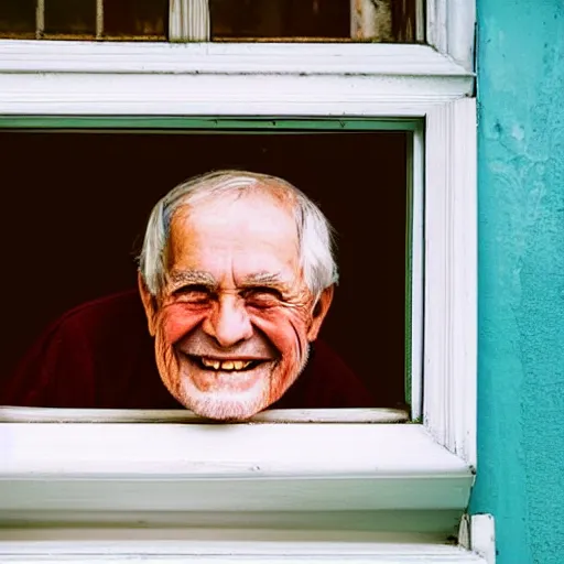 Prompt: an smiling old man seen through a distant window