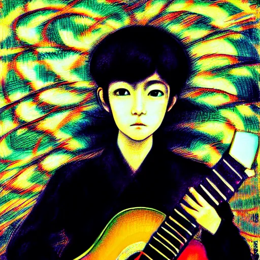 Image similar to yoshitaka amano blurred and dreamy realistic three quarter angle portrait of a mexican woman with short hair and black eyes wearing mariachi suit, junji ito abstract patterns in the background, satoshi kon anime, noisy film grain effect, highly detailed, renaissance oil painting, weird portrait angle, blurred lost edges