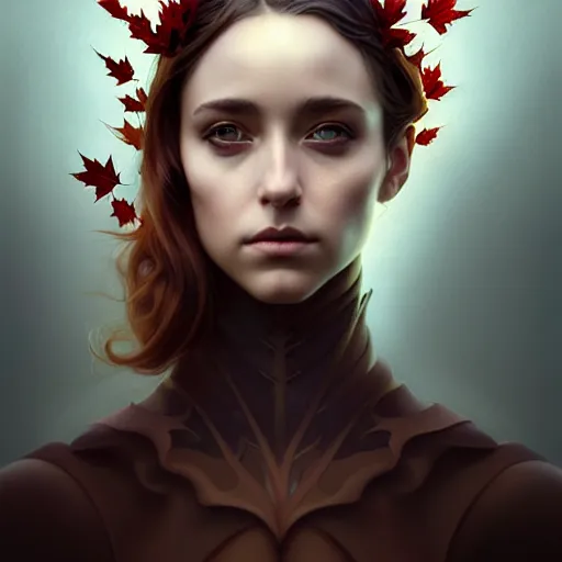 Prompt: in the style of joshua middleton, artgerm, tom bagshaw, gorgeous stella maeve magician, realistic character concept, bird's eye overhead shot, elegant pose, spooky, illustration, symmetrical face and body, volumetric lighting, detailed realistic symmetrical eyes, 8 k, single face, insanely detailed and intricate elegant, autumn leaves