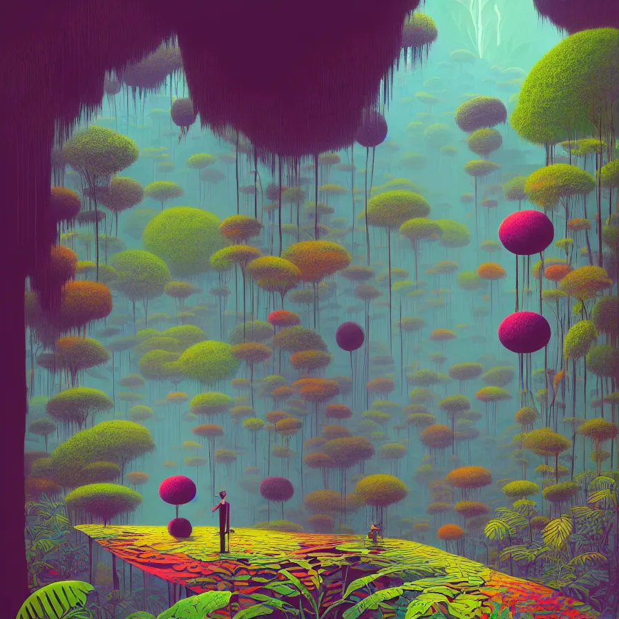 Prompt: surreal glimpse, malaysia jungle, summer morning, very coherent and colorful high contrast art by gediminas pranckevicius james gilleard james gurney floralpunk screen printing woodblock, dark shadows, pastel color, hard lighting, stippling dots, art nouveau