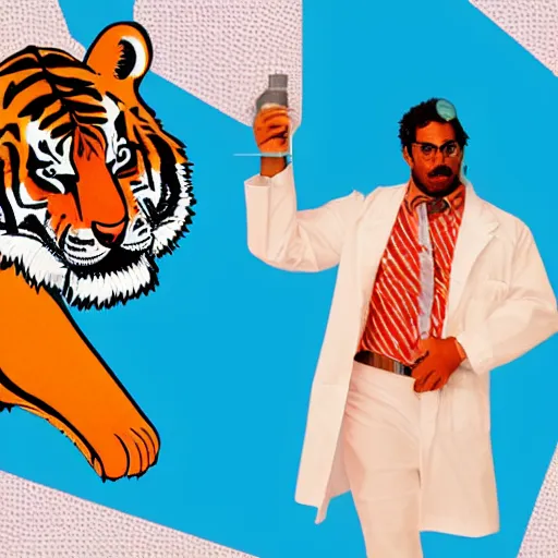 Image similar to A tiger in a lab coat with a 1980s Miami vibe, turning a well oiled science content machine, digital art