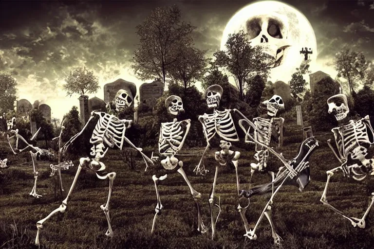 Prompt: skeletons with guitars in the hands in a cemetery, evil guitars, evil rock concert, dark night, full moon, the oak tree, highly detailed digital art, photorealistic