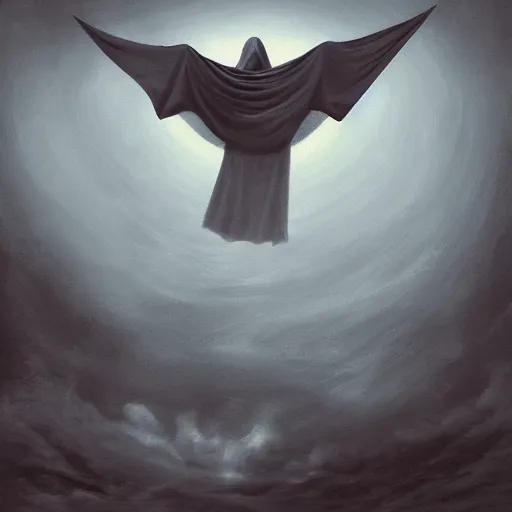 Image similar to ominous bedsheet ghost floating on the wing of a plane, oil painting, brush strokes, gloomy foggy atmosphere, symmetrical, full body image, highly ornate intricate details,