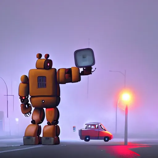 Image similar to a giant freddy fazbear robot animatronic bear in the middle of a foggy street, award - winning art by simon stalenhag, trending on artstation