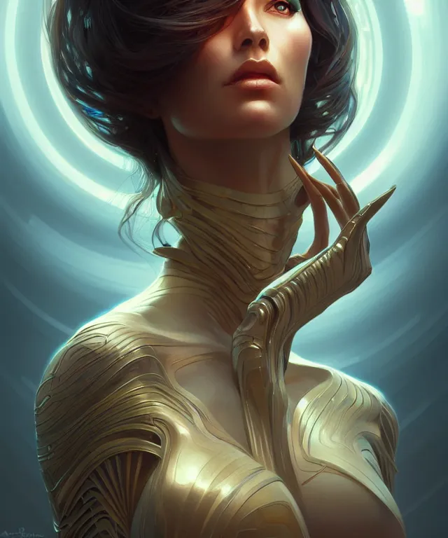 Image similar to futuristic woman portrait, sci-fi, amber eyes, face, long hair, fantasy, intricate, elegant, highly detailed, digital painting, artstation, concept art, smooth, sharp focus, illustration, art by artgerm and greg rutkowski and alphonse mucha