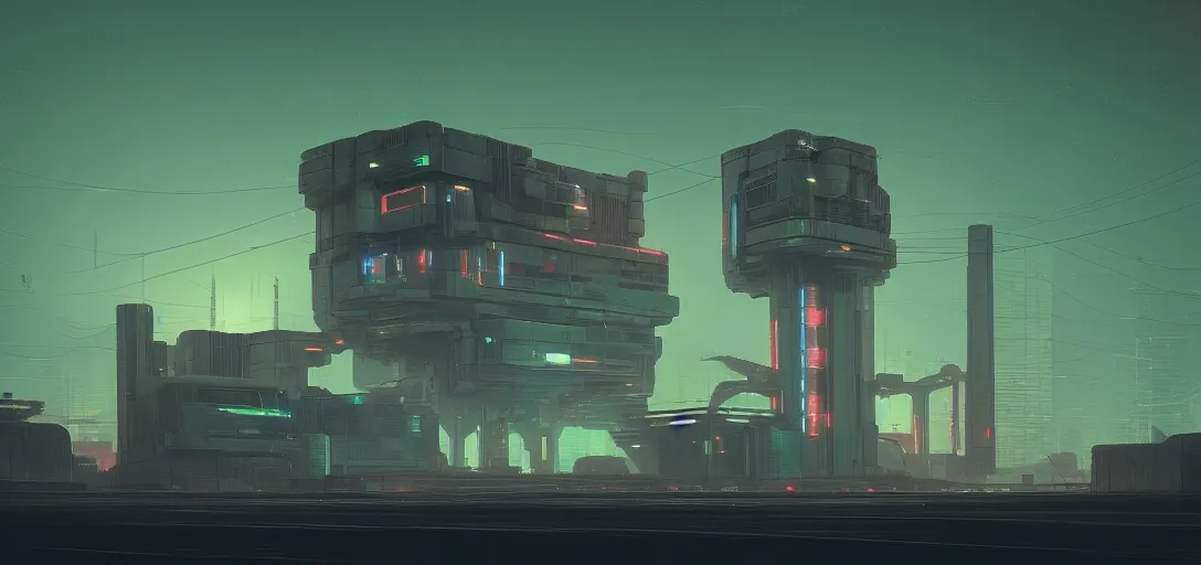 Prompt: futuristic abandoned cyberpunk brutalist power station at night, ray tracing, sci - fi, galaxy sky, digital art by beeple and simon stalenhag