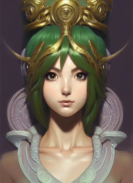 Image similar to portrait, head and torso only, palutena, concept art, digital illustration, by rossdraws, frank franzzeta, intricate, elegant, hyper detailed, ultra definition, photoreal, artstation, unreal engine rendered, concept art, smooth, sharp focus, illustration, art by artgerm and greg rutkowski and alphonse mucha and garis edelweiss
