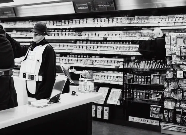 Image similar to film still of Darth Vader working as a clerk in a convenience store in the new Star Wars movie, 4k, black and white