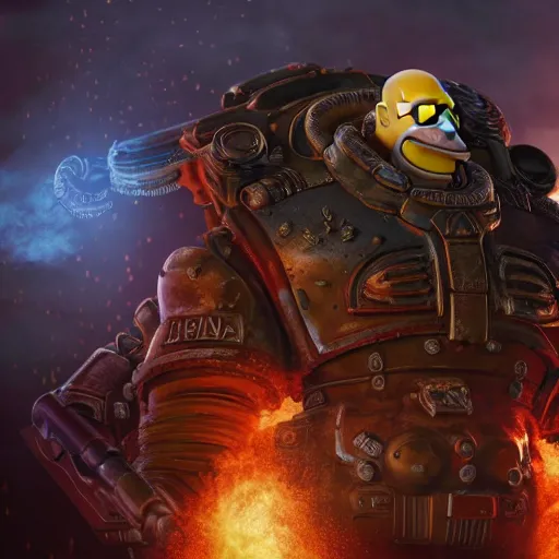 Image similar to Portrait of Homer Simpson as the emperor of humanity from warhammer 40k in Gears of War, splash art, movie still, cinematic lighting, dramatic, octane render, long lens, shallow depth of field, bokeh, anamorphic lens flare, 8k, hyper detailed, 35mm film grain